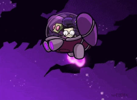 a cartoon character is flying through the air in a space ship .