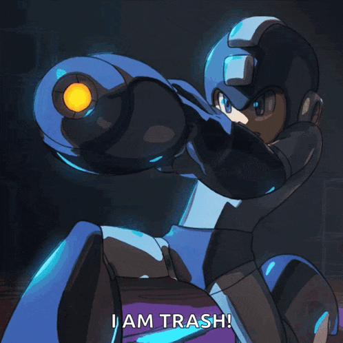 a video game character says i am trash while holding a large gun