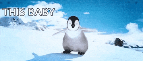 a baby penguin is dancing in the snow with the words " this baby " below it