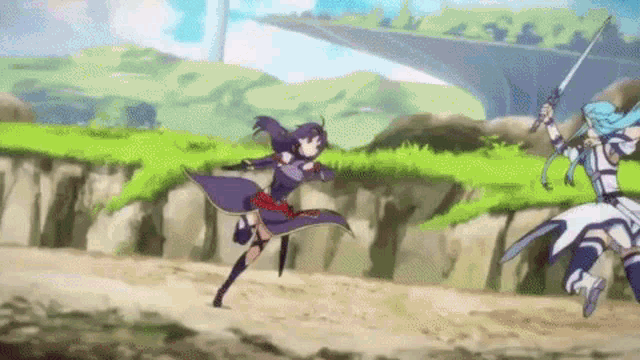 two anime characters are fighting each other in a field .