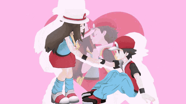 a boy in a red hat is hugging a girl in a pink background