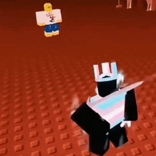 a cartoon character is standing on a red tile floor next to another cartoon character .
