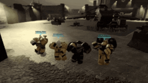 a group of toy soldiers are playing a video game with a helicopter in the background with the letter h on the bottom