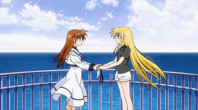 two anime girls holding hands on a fence overlooking the ocean
