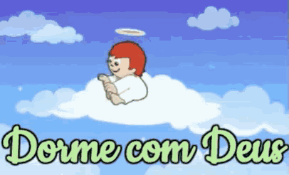a cartoon of an angel sitting on a cloud with dome com deus written below it