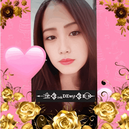 a woman 's face is surrounded by gold roses and a 24k dewy sign