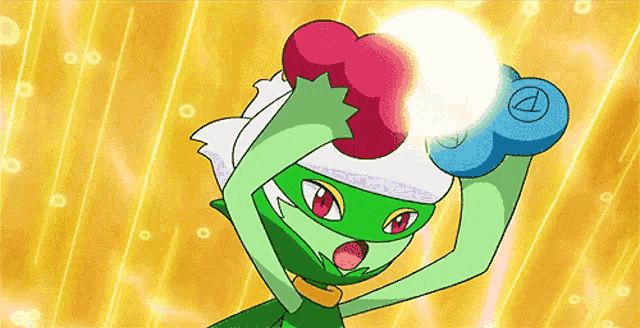 a green cartoon character is holding a red heart and a blue flower with the letter d on it