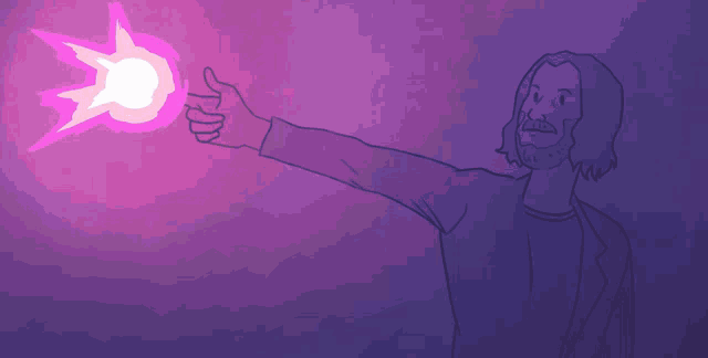 a cartoon of a man with a beard pointing at a light
