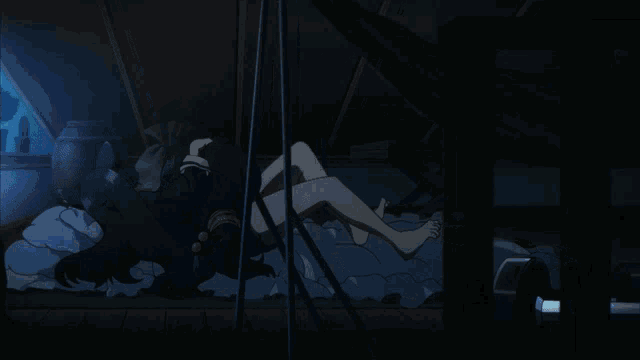 a woman laying on a bed with a lantern in the background