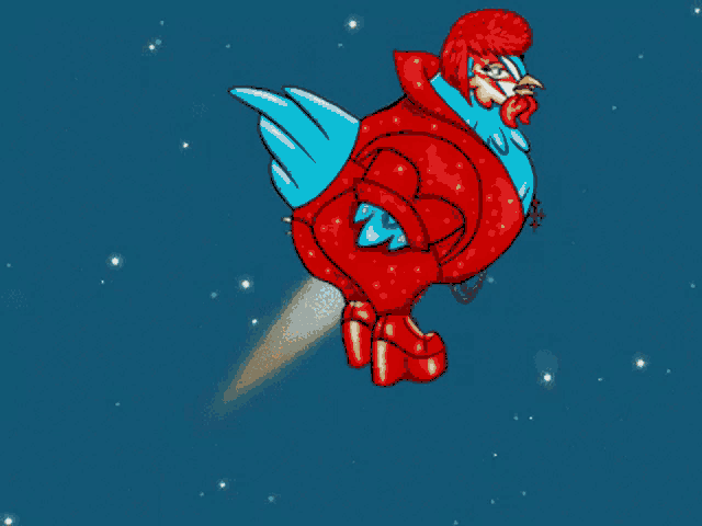 a cartoon chicken is flying through the air with a rocket coming out of its tail