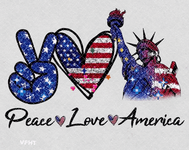 a peace love america sign with a statue of liberty in the background
