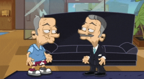 two cartoon characters are standing next to each other in a living room