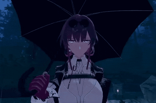 a girl with purple hair is holding an umbrella in a dark forest .