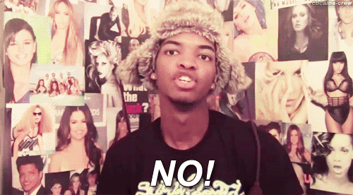 a man wearing a fur hat says no in front of a collage of pictures