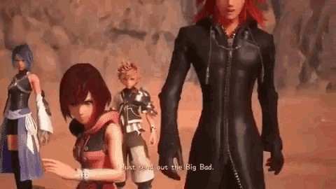 a group of anime characters are standing next to each other in a video game and one of them is talking about the big bad .