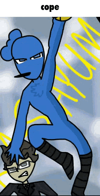 a cartoon drawing of a blue superhero with the word cope on the bottom