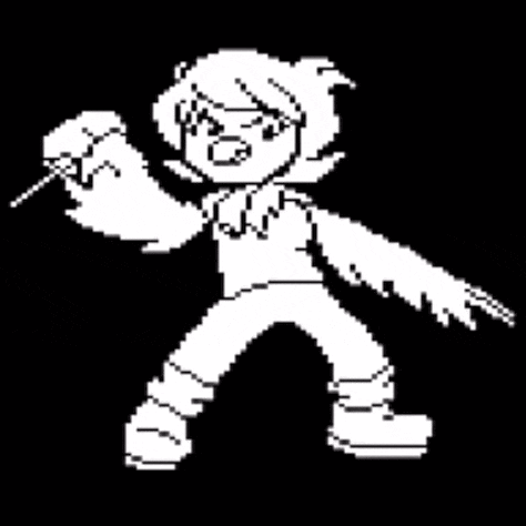 a black and white pixel art of a person holding a flower .