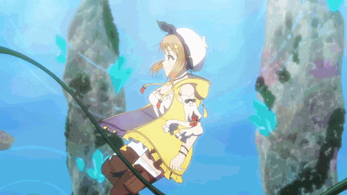 a girl in a yellow and white outfit is flying in the air