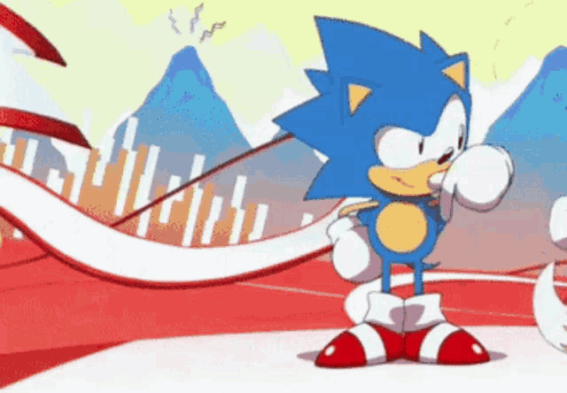 a cartoon of sonic the hedgehog standing next to a red and white ribbon on a track .