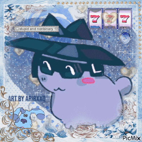 a drawing of a cat wearing sunglasses and a hat with the words stupid and nonbinary on the bottom
