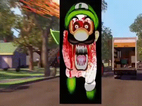 a cartoon character with blood coming out of his mouth is standing in front of a garbage truck .