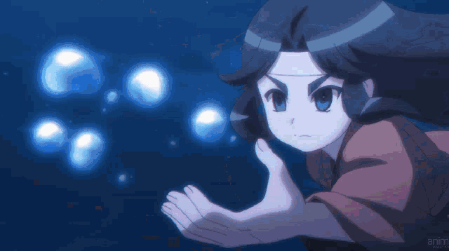a girl in a red shirt is surrounded by blue bubbles and the word anime is on the bottom