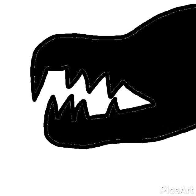 a black and white drawing of a monster 's mouth with sharp teeth on a white background .
