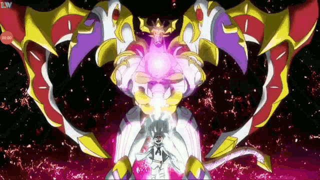a cartoon character is standing in front of a giant monster with a purple light coming out of it 's mouth ..