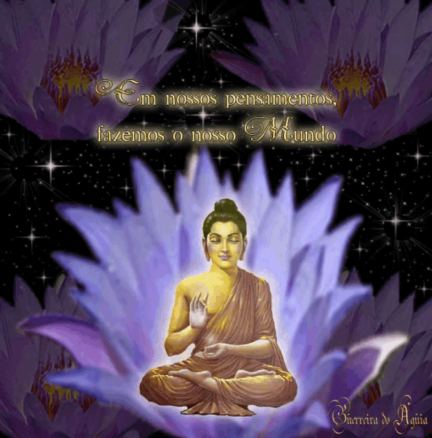 a picture of a buddha with the words em nossos pensamentos fazemos o nosso mundo above him