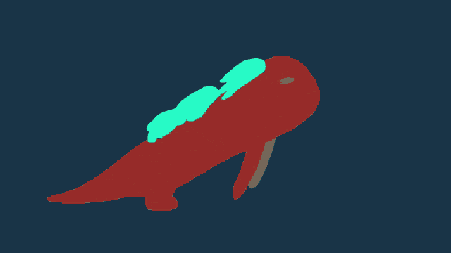 a drawing of a red fish with green wings on a dark blue background