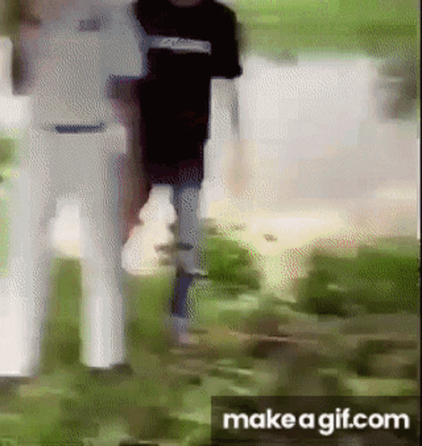 a blurry picture of people walking in the grass with the words make a gif.com in the bottom right corner