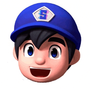 a cartoon character wearing a blue hat with the letter s on it .