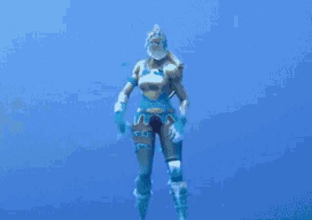 a video game character with a mistletoe on her head is standing on a blue background .