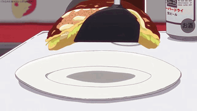 a cartoon drawing of a plate of food with a bottle of beer in the background