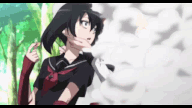 a girl in a school uniform is standing in front of a cloud of smoke