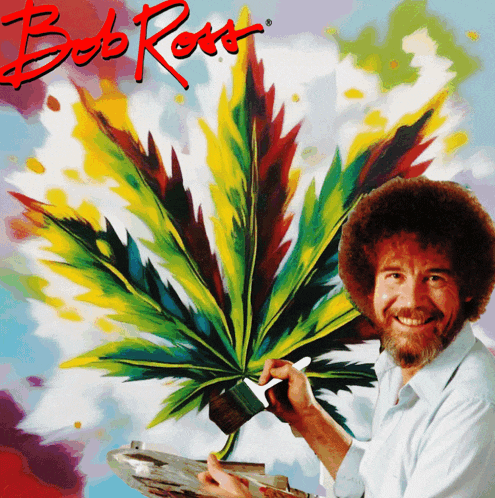 bob ross is painting a marijuana leaf on a colorful background