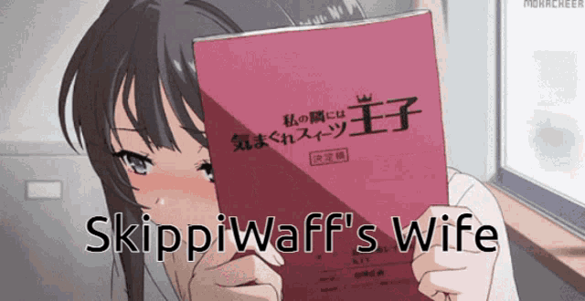 a girl holding a book that says skippiwaff 's wife on it