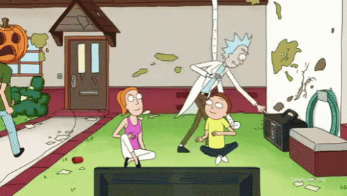 a cartoon of rick and morty in front of a house with a pumpkin head