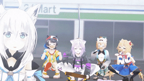 a group of anime girls are standing in front of a convenience store