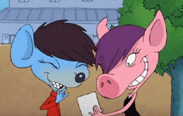 a blue mouse and a pink pig are standing next to each other and smiling