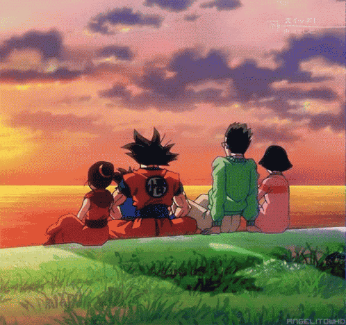 a group of anime characters are sitting on a grassy hill looking at the ocean