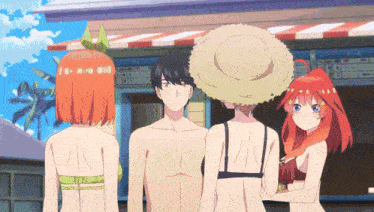 a group of anime characters are standing in front of a building with a sign that says ' i 'm sorry '