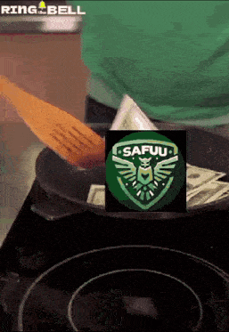a person is stirring a pan of money with a safuu logo on it