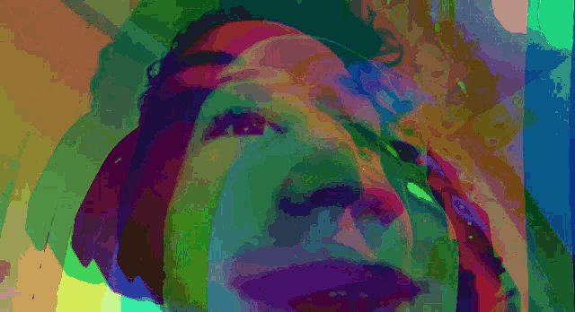 a colorful painting of a person 's face with a purple background
