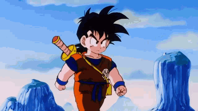 a cartoon character with a sword on his back is running