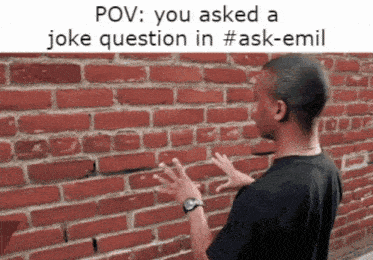 a man standing in front of a brick wall with the caption " pov : you asked a joke question in # ask-emil "