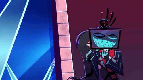 a cartoon character with a tv on his head and a bow tie