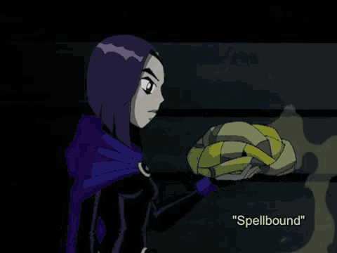raven from teen titans is holding a glowing object that says " spellbound "