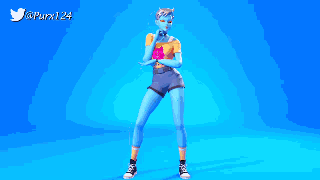 a blue cartoon character is standing in front of a blue background
