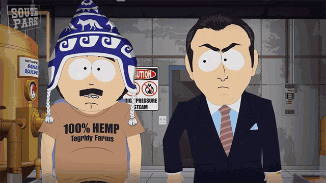 two south park characters are standing in front of a sign that says caution